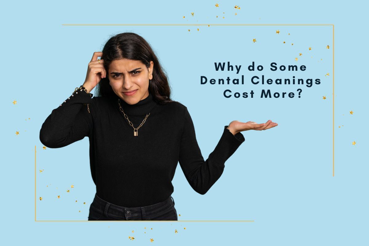 Woman in black turtleneck with questioning expression gesturing about dental cleaning costs.