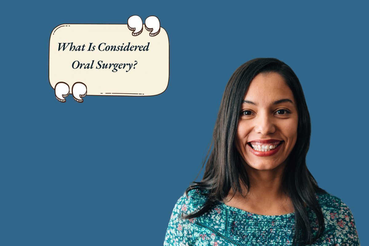 Smiling woman in teal floral top with speech bubble asking about oral surgery procedures.