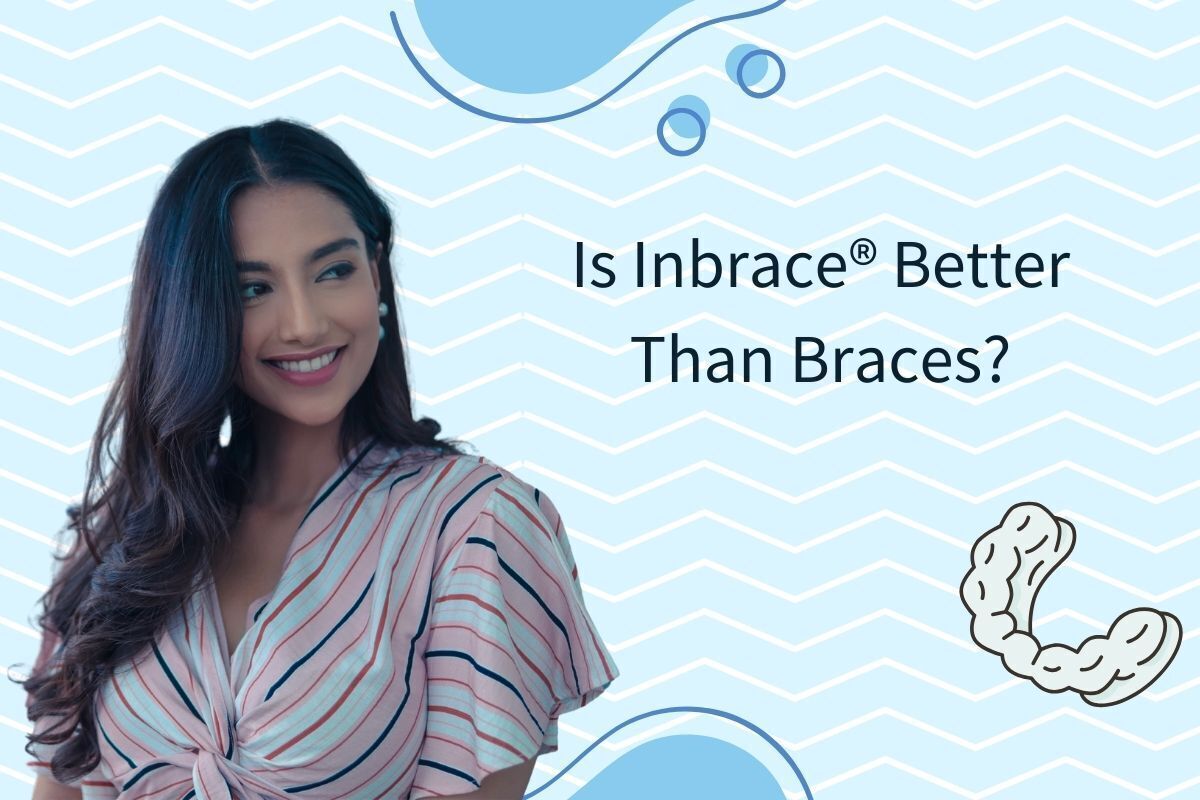 Woman smiling while wearing striped shirt, demonstrating results of teeth straightening treatment.