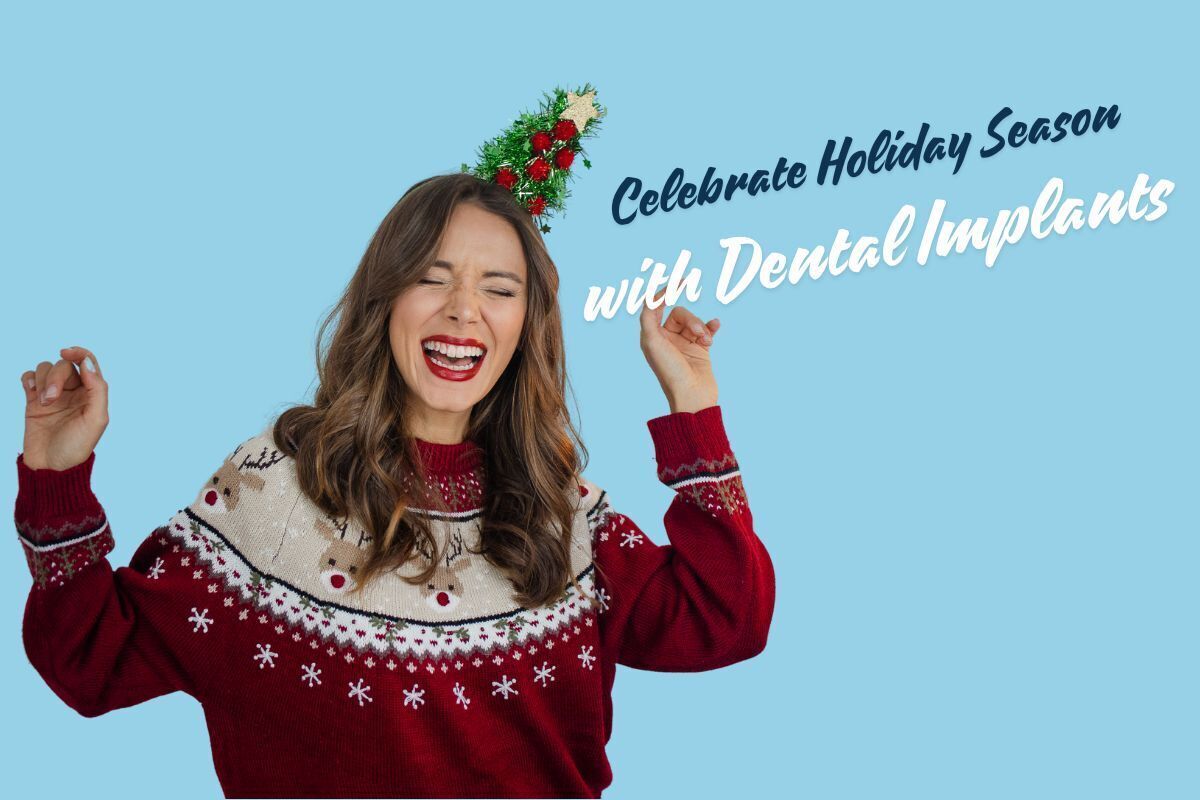 Woman in holiday sweater smiling with festive headpiece promoting dental implants in Brooklyn.
