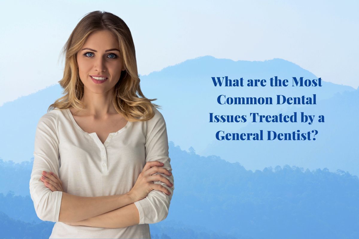 Woman smiling with arms crossed in front of blue mountain background with dental question text.