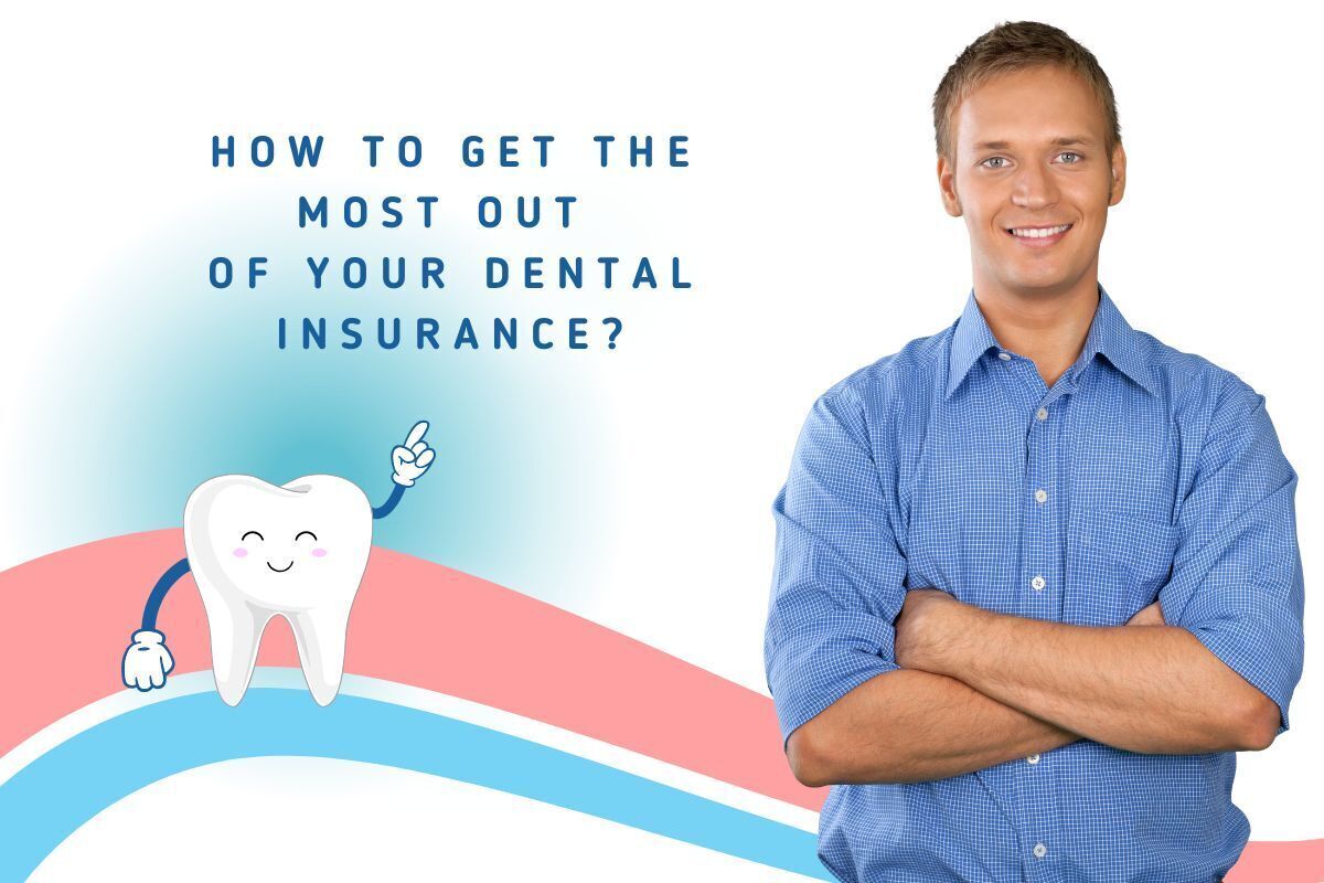 Smiling man in blue shirt next to animated tooth character promoting dental insurance tips.
