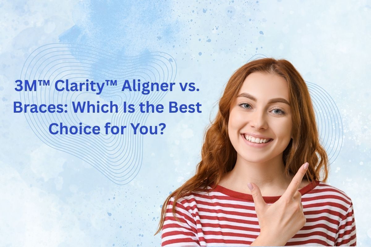 Smiling woman in striped shirt pointing to text about 3M Clarity Aligners vs. braces comparison.