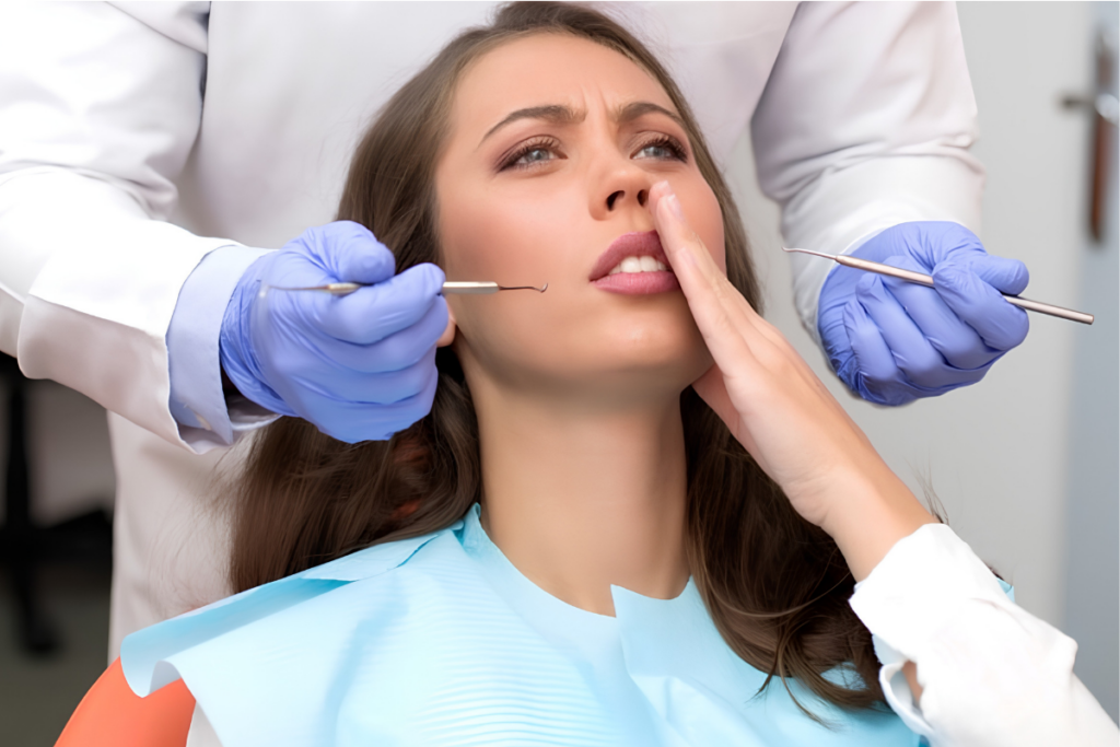 Dentist examining patient's teeth during emergency dental visit in Brooklyn.