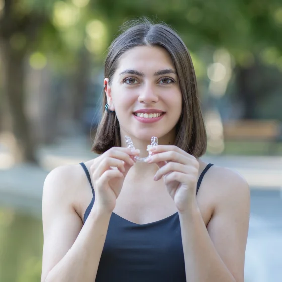 Woman smiling while holding clear dental aligners near her teeth